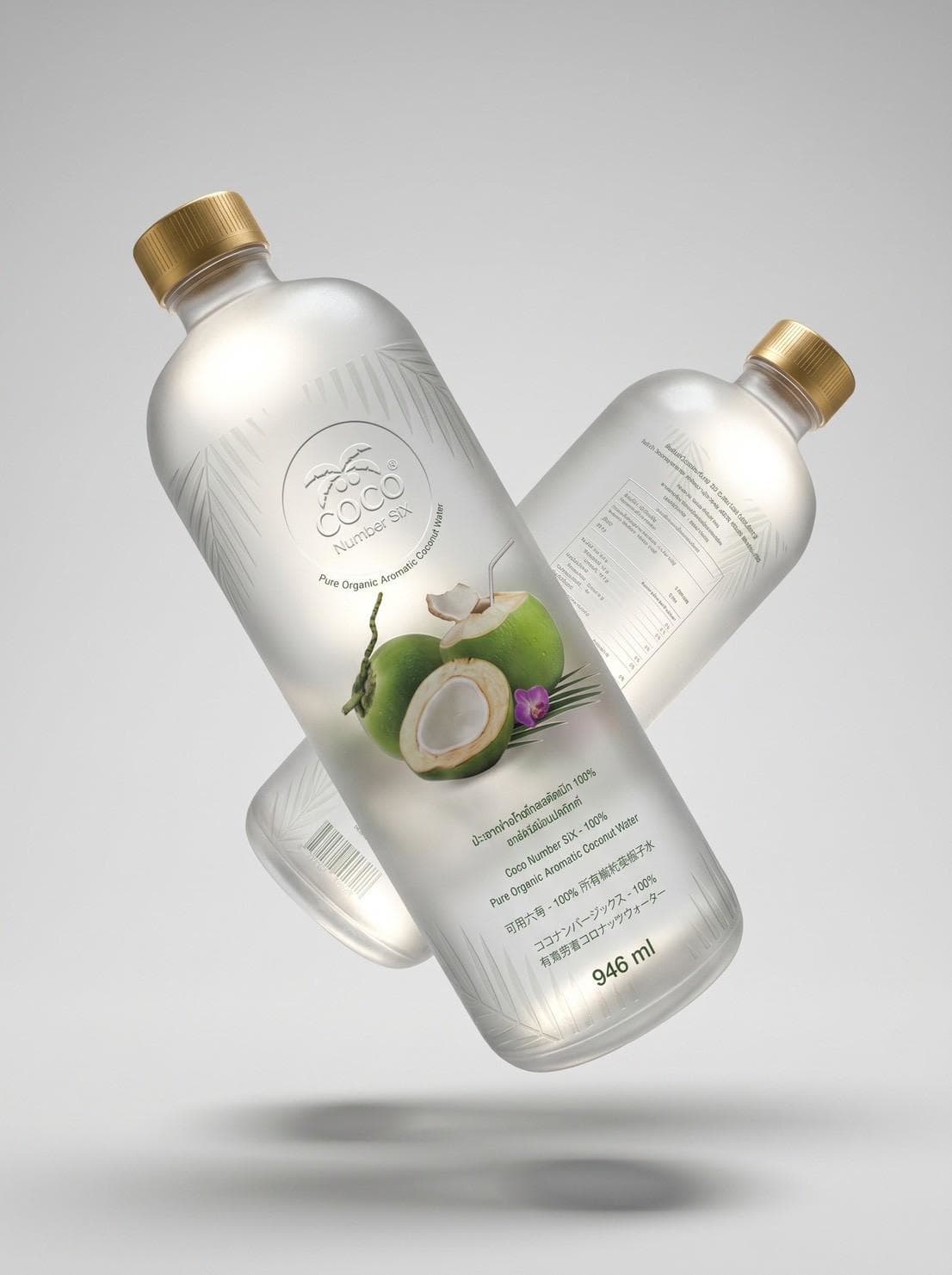 Coco Number Six 946 ml bottles floating in a clean premium product composition