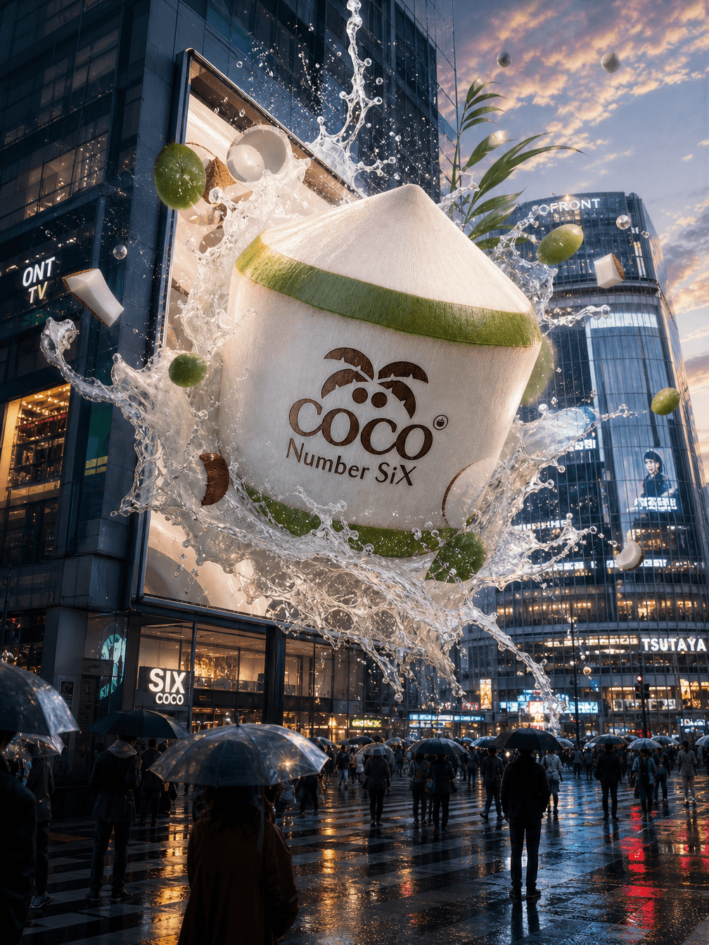 Coco Number SiX whole coconut activation visual in a city setting